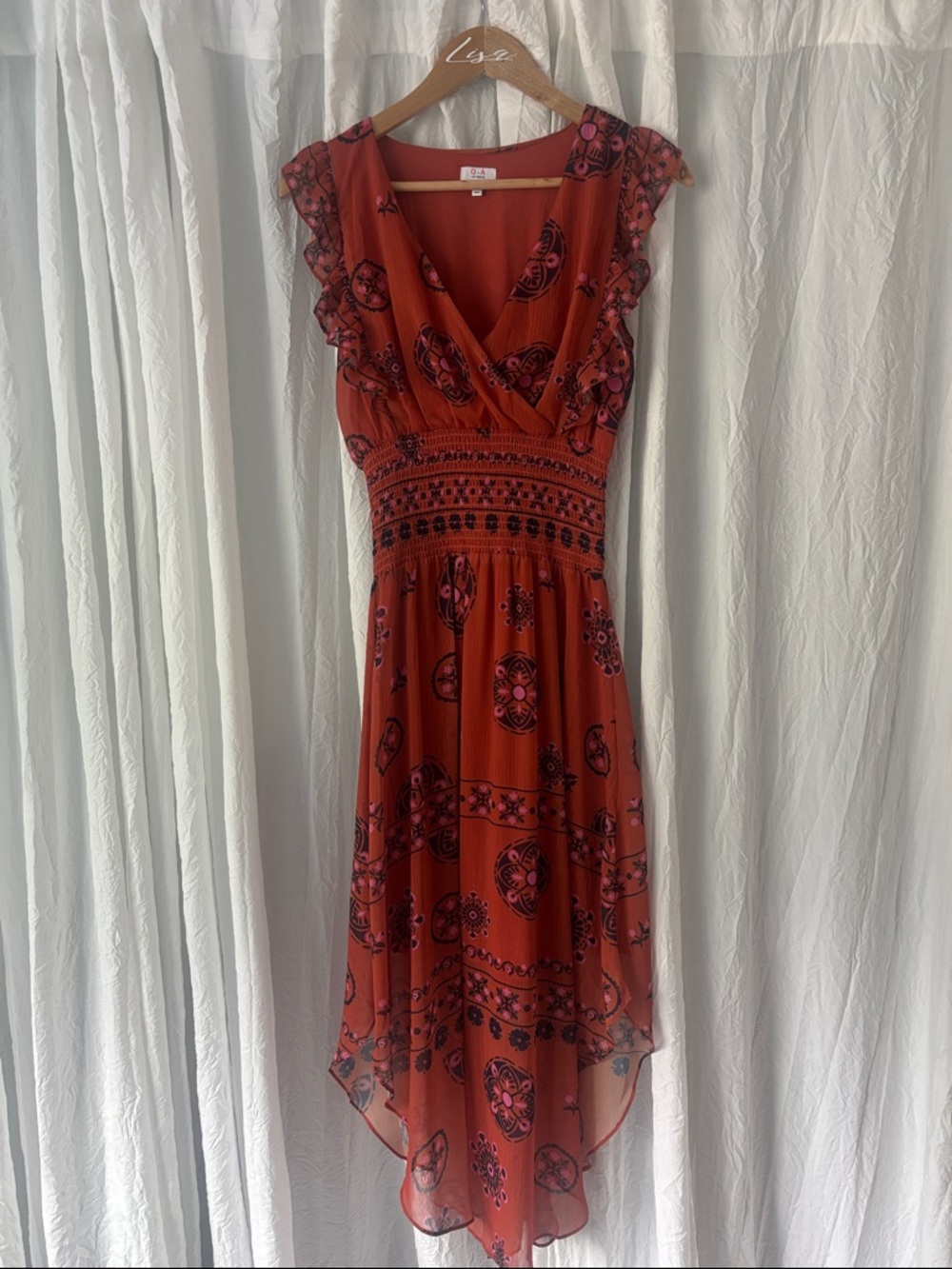 Rust Floral High-Low Dress with Smocked Waist and Flutter Sleeves